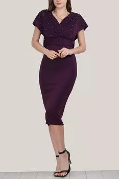 Женское платье миди с V-образным вырезом и жемчугом с поясом