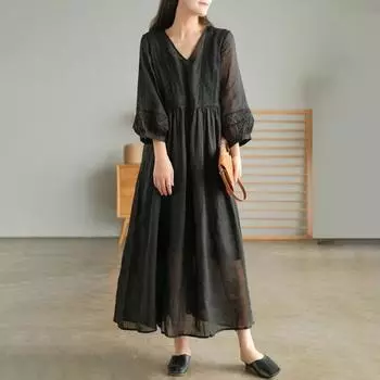 Женское платье миди с v-образным вырезом, кружевное лоскутное однотонное платье с объемными рукавами, свободные плиссированные мягкие рукава с половиной рукава, большой подол, женское платье для свиданий и выпускного вечера 2XL темно-фиолетового