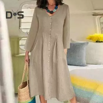 Женское платье миди с v-образным вырезом и длинными рукавами, декор на пуговицах, высокая талия, карманы, дизайн, однотонное свободное повседневное платье 3XL хаки