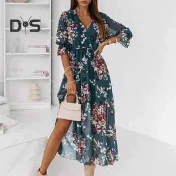 Женское платье миди с v-образным вырезом и половиной рукавом, шифоновое платье с высокой эластичной резинкой на талии и боковым разрезом, шифоновое платье с цветочным принтом, летнее платье трапециевидной формы S зелёный
