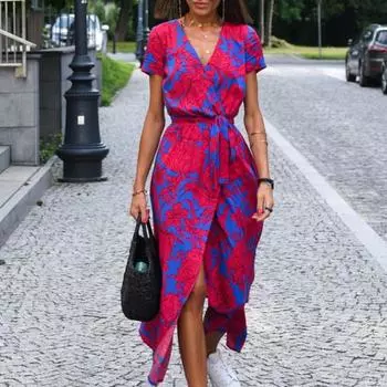 Женское платье миди с v-образным вырезом и цветочным принтом, с коротким рукавом, с разрезом на узкой талии, летнее пляжное платье на шнуровке с высокой талией, женская одежда M розы красного