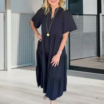 Женское платье миди с V-образным вырезом, летнее повседневное платье макси с коротким рукавом, струящееся многоярусное пляжное платье в стиле бохо для отпуска L розы красного