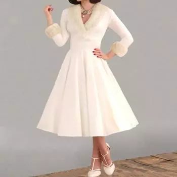 Женское платье миди трапециевидного силуэта со свободным подолом, рукавом три четверти, v-образным вырезом, искусственным мехом, толстым, облегающим, с высокой талией, облегающим, в стиле принцессы, кружево для выпускного вечера S красный