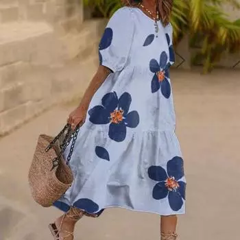 Женское платье-миди Vinatge с цветочным принтом, свободное платье с короткими рукавами и круглым вырезом в стиле пэчворк, мягкое женское длинное платье до середины икры 2XL синий