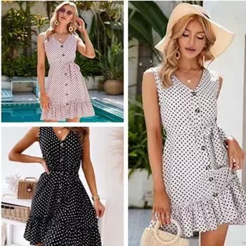 Женское платье миди в европейском и американском стиле 2022 года с V-образным вырезом на шнуровке и узором в горошек. XL розовый