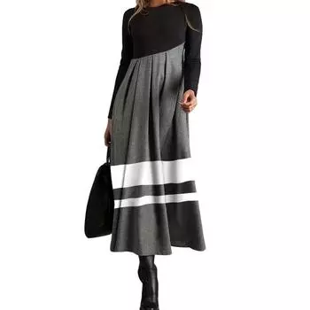 Женское платье миди в полоску с цветными блоками, платье трапециевидной формы с длинным рукавом и круглым вырезом, плиссированное подол, уличная одежда L серый