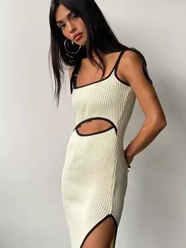 Женское платье миди в рубчик, вечернее зеленое платье без рукавов с открытой спиной, летние облегающие платья с разрезом, новые сексуальные повседневные пляжные платья с разрезом S чёрный
