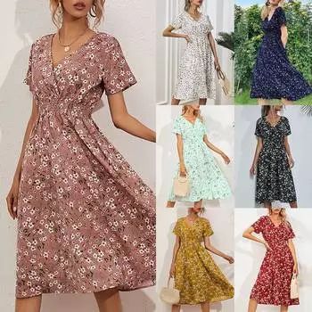 Женское платье миди в стиле бохо с цветочным принтом и V-образным вырезом, женский летний пляжный сарафан с короткими рукавами S жёлтый