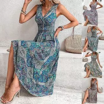 Женское платье миди в стиле бохо с цветочным принтом и V-образным вырезом без рукавов, пляжный праздничный сарафан-качели S красный