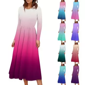 Женское платье миди в стиле бохо с градиентным принтом, повседневное, с длинным рукавом, струящиеся платья со сборками и карманом, лето и весна L синий