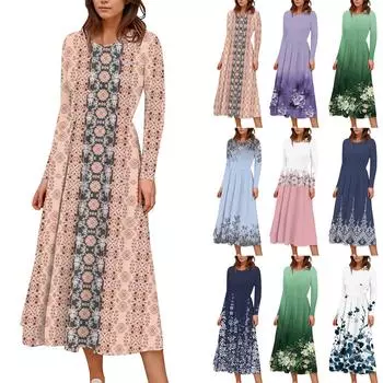 Женское платье миди в стиле бохо с цветочным принтом, повседневное, с длинным рукавом, струящиеся платья со сборками и карманом, лето и весна L темно-зеленого