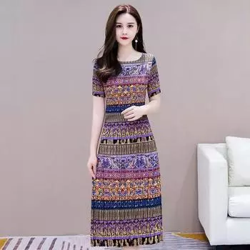 Женское платье миди в стиле ретро с принтом, летнее платье с круглым вырезом и коротким рукавом на талии, облегающее платье до середины икры для матери среднего возраста XL жёлтый