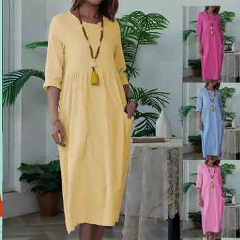 Женское платье миди Женское платье с однотонными рукавами и круглым вырезом S