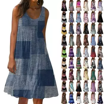 Женское платье, милая повседневная пляжная юбка без рукавов с принтом, сарафан L чёрный