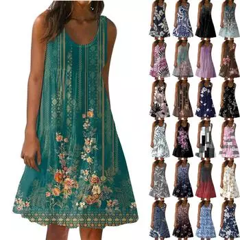 Женское платье, милая повседневная пляжная юбка без рукавов с принтом, сарафан L чёрный