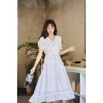 Женское платье Mishow, летние однотонные платья-пуловеры с высокой талией и v-образным вырезом, короткими рукавами и оборками, повседневные элегантные платья-пуловеры MXC33L1376 S