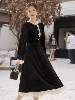 Женское платье Mishow, новинка 2024 года, модное элегантное бархатное черное платье во французском стиле с кружевным воротником, MXC58L1620