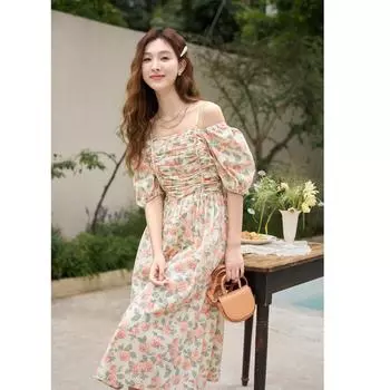 Женское платье Mishow, новинка лета 2023, 100% хлопок с квадратным воротником и цветочным принтом, винтажное элегантное повседневное платье трапециевидной формы с принтом, MXC33L1397 S оранжевый