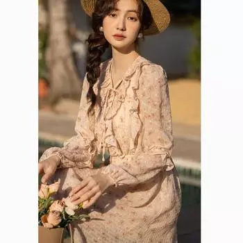 Женское платье Mishow с v-образным вырезом и цветочным принтом, весна-лето, французское элегантное элегантное платье на шнуровке с оборками и длинными рукавами, объемная женская одежда в стиле ампир, MXC11L1447 S