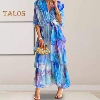 Женское платье Многослойное разбросанное подол торта Плиссированные V-образным вырезом Мечтательные цвета с рюшами на шнуровке Тонкая талия с рукавами «летучая мышь» Вечернее платье Пляжная вечеринка Выпускной Макси S синий