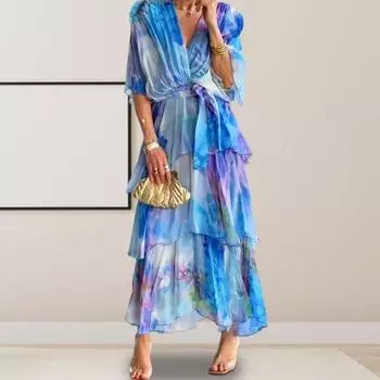 Женское платье, многослойный подол, плиссированные V-образные рюши, шнуровка, шея, мечтательные цвета, разбросанный торт, тонкая талия, летучая мышь S синий