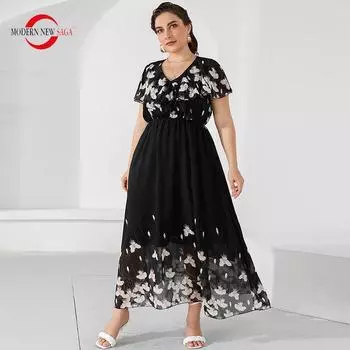 Женское платье MODERN NEW SAGA Летние женские черные длинные платья с коротким рукавом Платье с цветочным принтом Вечерние Элегантное платье макси размера плюс XL чёрный