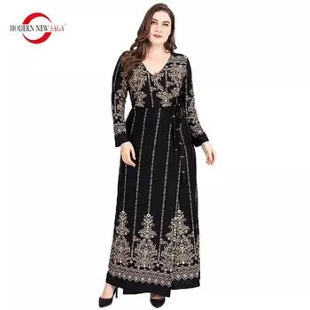 Женское платье MODERN NEW SAGA Весенние женские длинные платья с v-образным вырезом и длинными рукавами с принтом платье макси Элегантное платье больших размеров