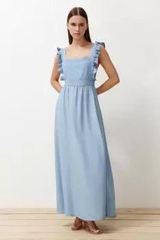 Женское платье, модное голубое джинсовое платье миди нового сезона