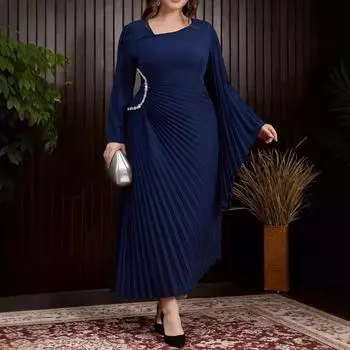 Женское платье, модное, косое плечо, плиссированное, большого размера платье L синий