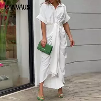 Женское платье Модное однобортное платье-рубашка средней длины с короткими рукавами и высокой талией с лацканами S розовый