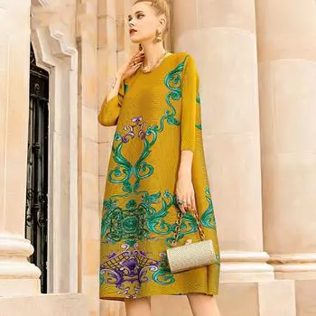 Женское платье, модное плиссированное платье с принтом, весна-осень 2022, новое платье для беременных с длинным рукавом и круглым вырезом, одежда, топы M жёлтый