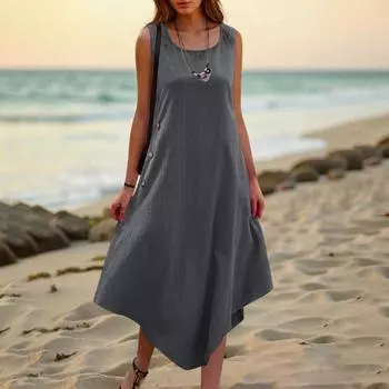 Женское платье Модное Повседневное Однотонное Платье с Круглым Вырезом S