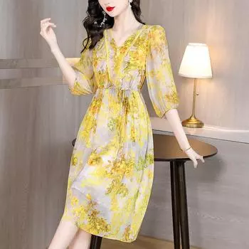 Женское платье, модные платья с v-образным вырезом, новые лоскутные платья с кружевным принтом и оборками в стиле пэчворк L жёлтый