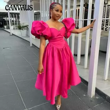 Женское платье, модные платья с квадратным вырезом и рукавами-пузырьками, однотонные платья миди с талией, вечерние платья S темно-розовый