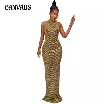 Женское платье, модные сексуальные вечерние платья с открытой спиной для ночного клуба, горячее бурение, прозрачные длинные платья S чёрный