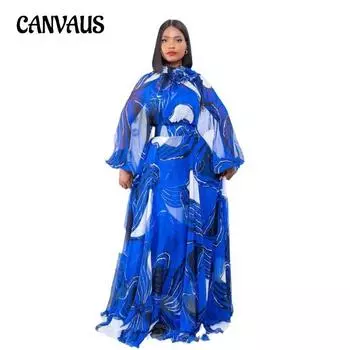 Женское платье Модный пуловер с круглым вырезом с принтом Длинные тонкие пригородные платья больших размеров S синий