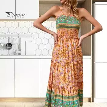 Женское платье на бретельках для отпуска, гофрированное платье без рукавов с принтом в стиле пэчворк, подол трапециевидной формы в этническом стиле, эластичный бюст с высокой талией, плиссированное пляжное платье макси, летнее M оранжевый
