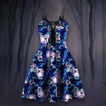 Женское платье на бретельках на Хэллоуин с открытой спиной спереди на шнуровке и кружевной строчкой, свободный подол, забавное мини-платье с цветочным принтом и черепом XL розовый