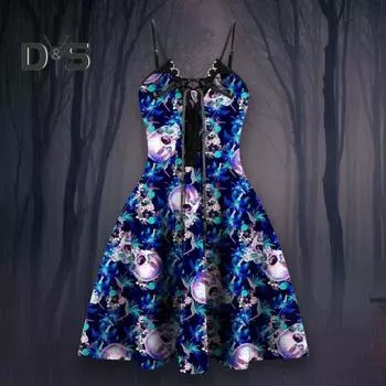 Женское платье на бретельках на Хэллоуин с открытой спиной спереди на шнуровке и кружевной строчкой, свободный подол, забавное мини-платье с цветочным принтом и черепом XL розовый