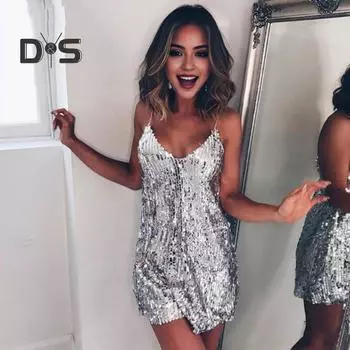Женское платье на бретельках с блестящими блестками и глубоким V-образным вырезом без рукавов на бретельках сплошной цвет Мягкая спинка Свободный летний сарафан Клубная вечеринка Мини-платье 2XL серебряный