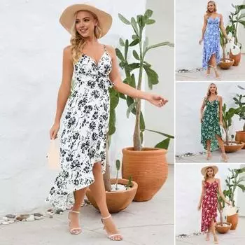 Женское платье на бретельках с V-образным вырезом без рукавов и открытой спиной с цветочным принтом Нерегулярные рюши по подолу на шнуровке Узкая талия Длина до середины икры Пляжное платье Сарафан L красный