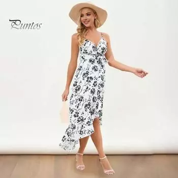 Женское платье на бретельках с V-образным вырезом без рукавов и открытой спиной с цветочным принтом Нерегулярные рюши по подолу на шнуровке Узкая талия Длина до середины икры Пляжное платье миди для отпуска L красный