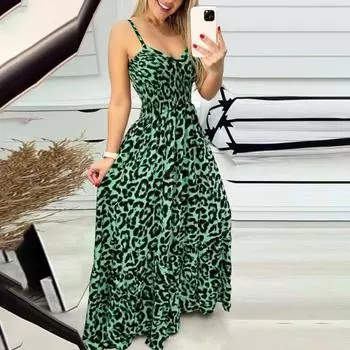 Женское платье на бретельках с леопардовым принтом и низким вырезом, V-образным вырезом, без рукавов, обтягивающее, с высокой талией, в тон, с открытой спиной, с большим подолом, пляжное платье макси для отпуска M жёлтый