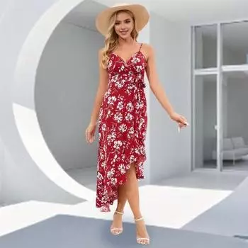 Женское платье на бретельках с v-образным вырезом, без рукавов, с открытой спиной, с цветочным принтом, нерегулярной оборкой по краю, на шнуровке, с узкой талией, длиной до середины икры, отпуск L красный
