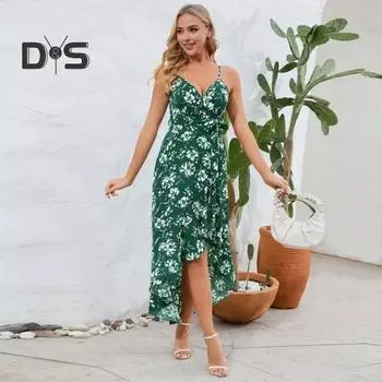 Женское платье на бретельках с V-образным вырезом без рукавов и открытой спиной с цветочным принтом Нерегулярные рюши по подолу на шнуровке Узкая талия Длина до середины икры Пляжное платье миди для отпуска L красный