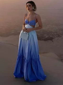 Женское платье на бретельках с оборками и v-образным вырезом без рукавов и открытой спиной, летние женские вечерние халаты с градиентом S синий