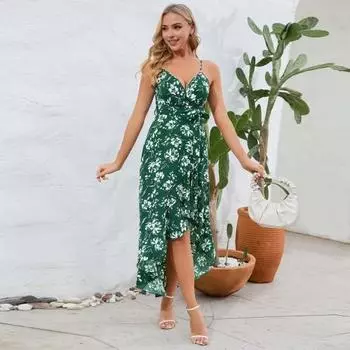 Женское платье на бретельках с V-образным вырезом без рукавов и открытой спиной с цветочным принтом Нерегулярные рюши по подолу на шнуровке Узкая талия Длина до середины икры Пляжное платье миди для отпуска L красный