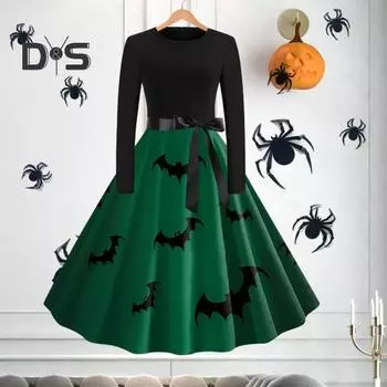 Женское платье на Хэллоуин 1950-х годов в стиле ретро А-силуэта с длинным рукавом и принтом тыквы, платье-макси для коктейльной вечеринки, выпускного вечера, костюм миди S