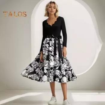 Женское платье на Хэллоуин, А-силуэт, большой качели, череп, принт, шнуровка, бант, пояс, волнистый V-образный вырез, плиссе, длинные рукава, карнавальное платье для вечеринки XXL