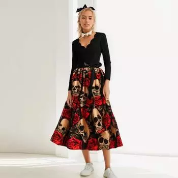 Женское платье на Хэллоуин, А-силуэт, большой качели, череп, принт, шнуровка, бант, пояс, волнистый V-образный вырез, плиссе, длинные рукава, карнавальное платье для вечеринки XXL